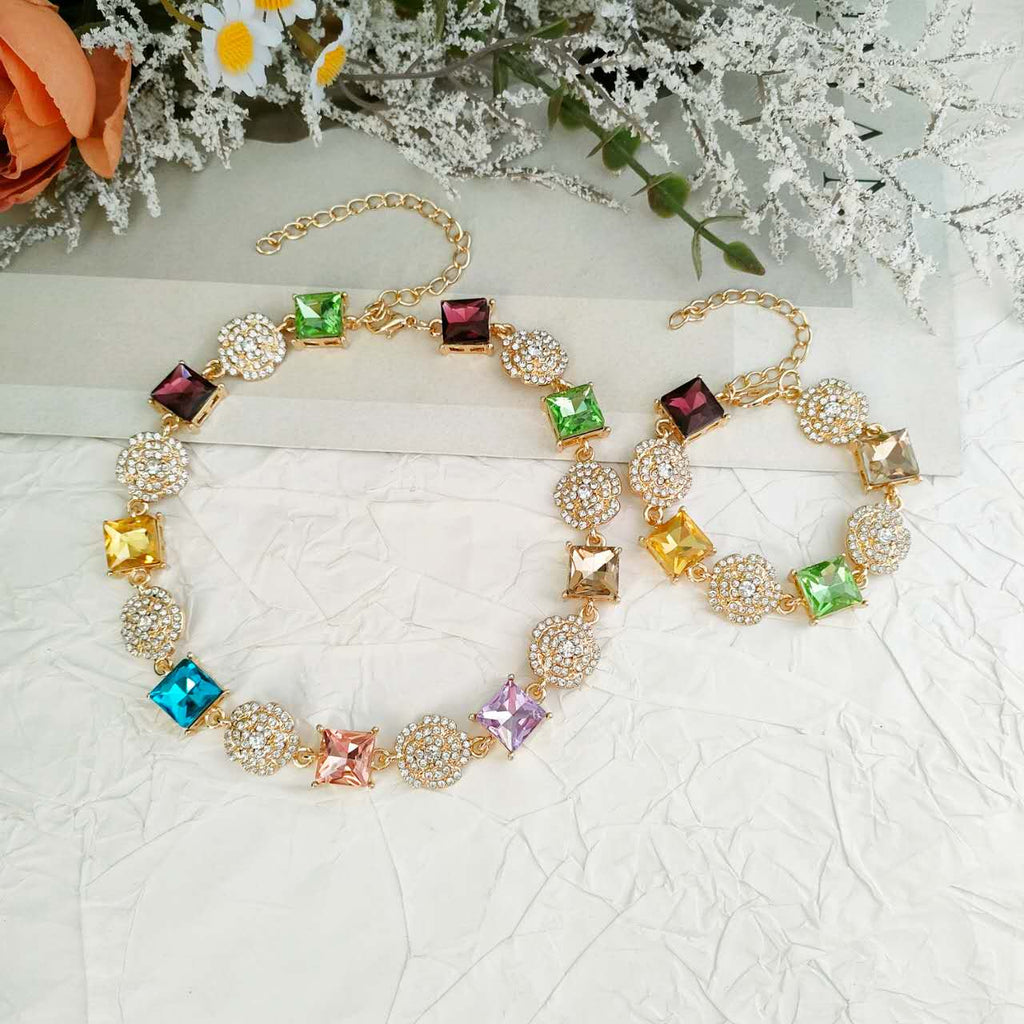 Set Gioielli 2 Pezzi Cristallo Quadrato Multicolore Zirconi Placcato Oro