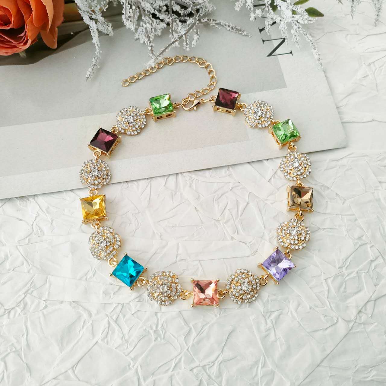 Set Gioielli 2 Pezzi Cristallo Quadrato Multicolore Zirconi Placcato Oro