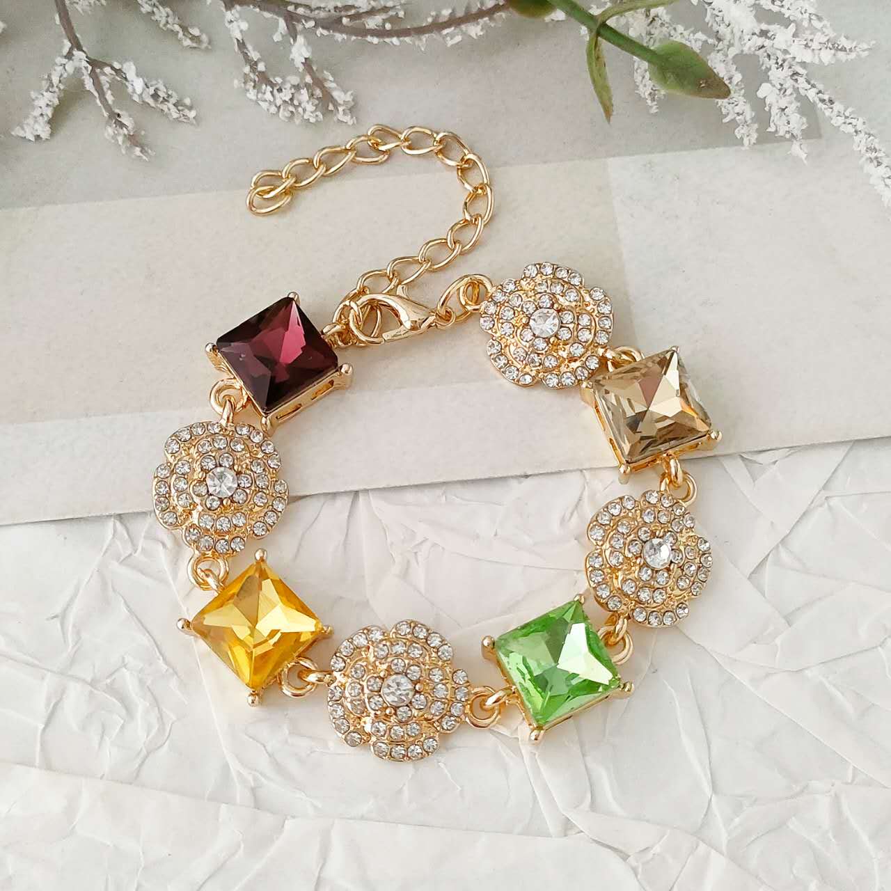 Set Gioielli 2 Pezzi Cristallo Quadrato Multicolore Zirconi Placcato Oro