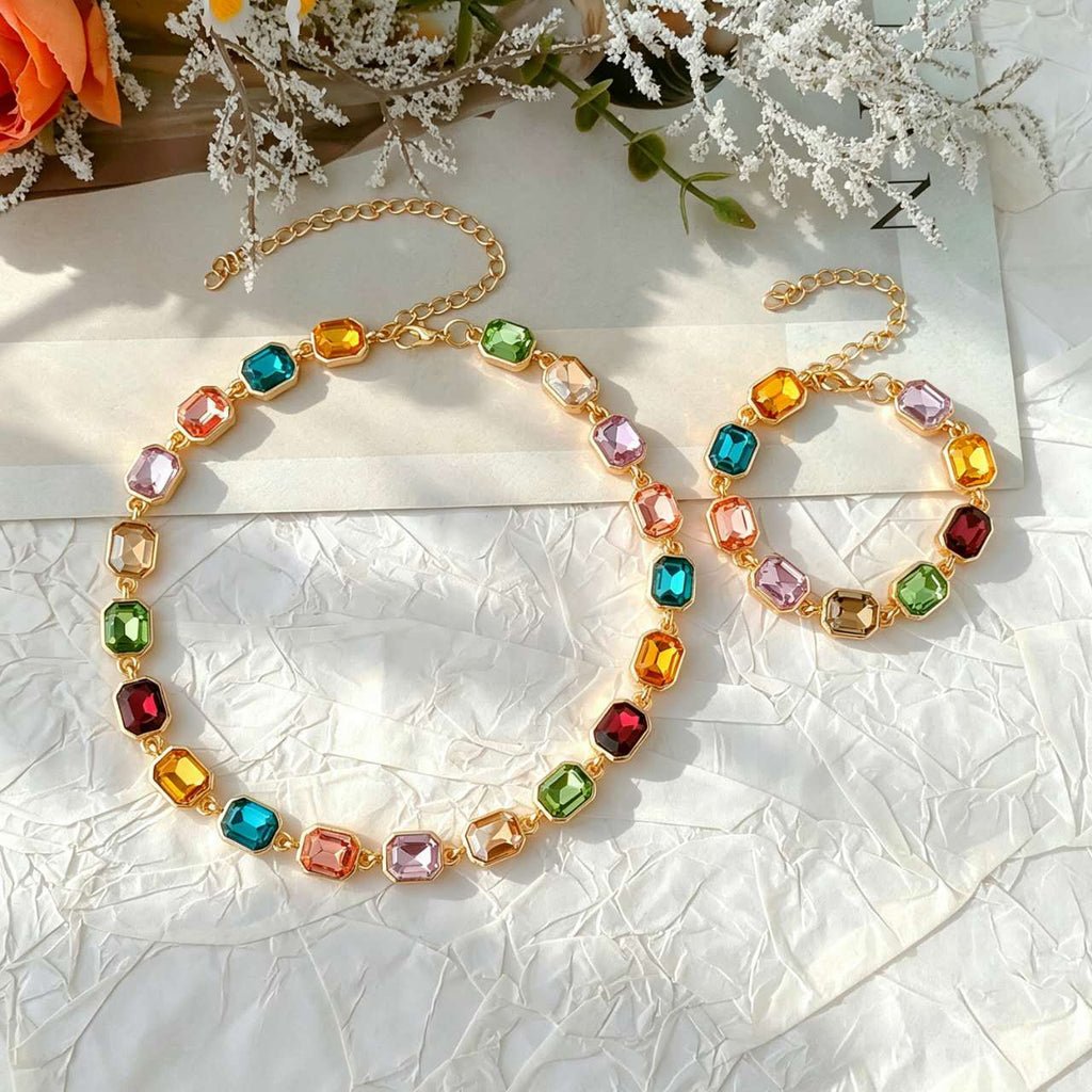 Set Gioielli 2 Pezzi Zirconi Multicolore Arcobaleno Placcato Oro