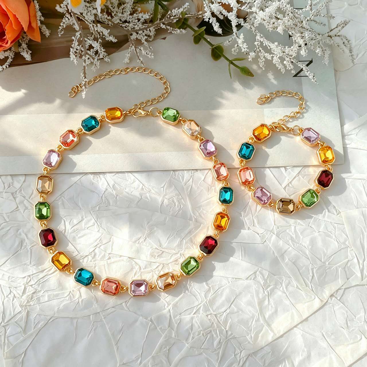 2-teiliges Schmuckset mehrfarbige Regenbogen-Zirkonia vergoldet