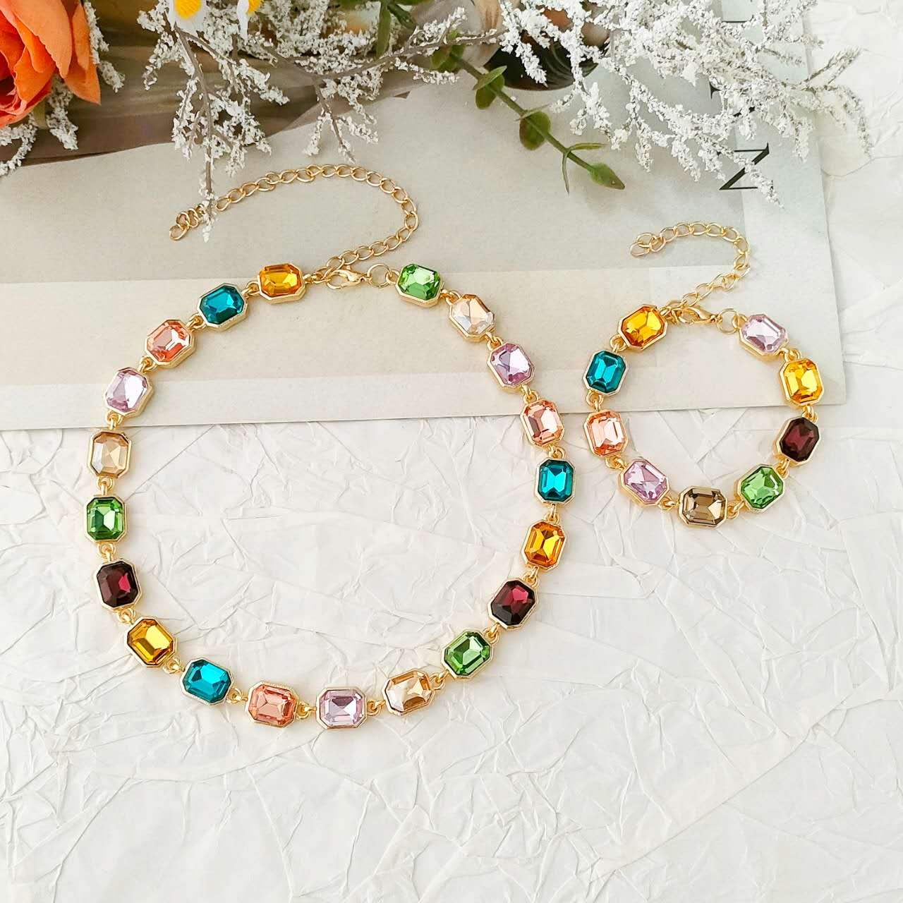 2-teiliges Schmuckset mehrfarbige Regenbogen-Zirkonia vergoldet