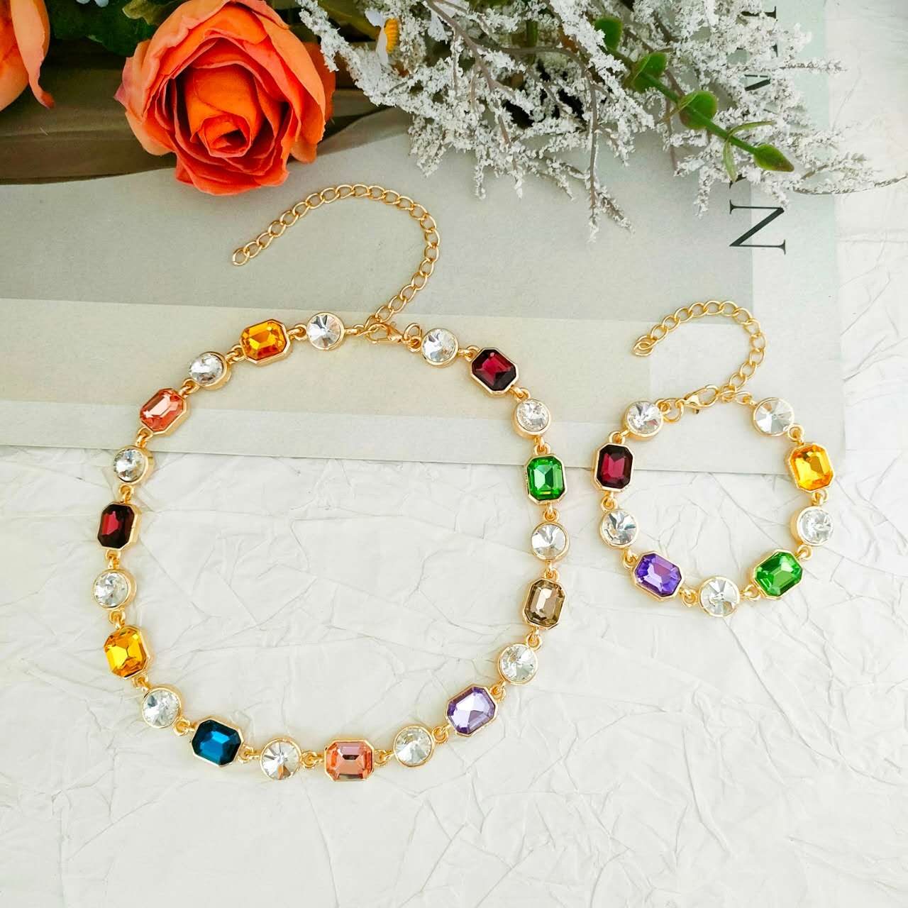 2-teiliges Schmuckset mehrfarbige Regenbogen-Zirkonia vergoldet