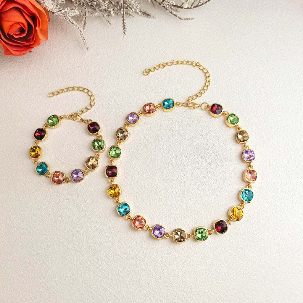 Set Gioielli 2 Pezzi Zirconi Multicolore Arcobaleno Placcato Oro