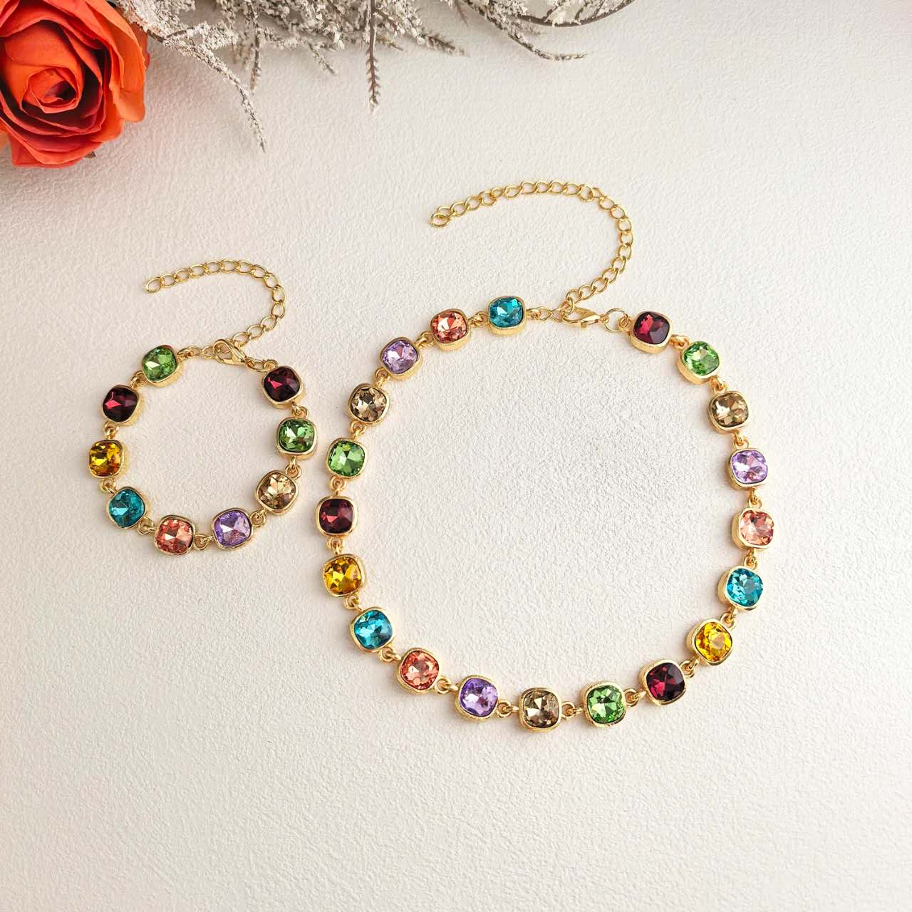 Set Gioielli 2 Pezzi Zirconi Multicolore Arcobaleno Placcato Oro