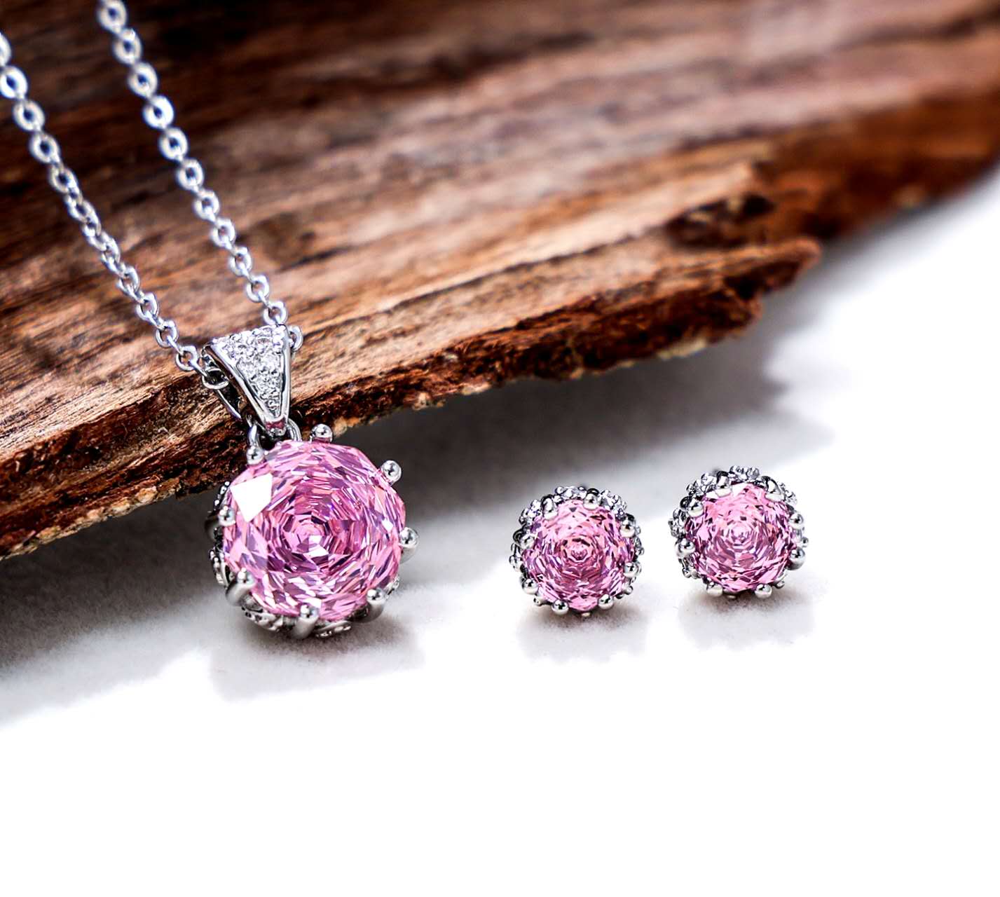 Schmuckset Blume Zirkonia Lila AAA Edelstahl Halskette Ohrstecker