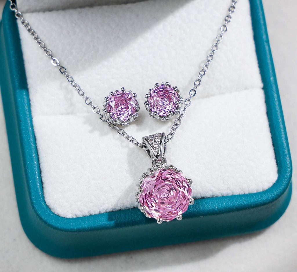 Schmuckset Blume Zirkonia Lila AAA Edelstahl Halskette Ohrstecker