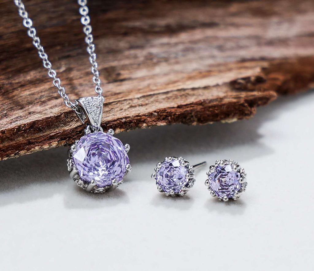 Schmuckset Blume Zirkonia Lila AAA Edelstahl Halskette Ohrstecker