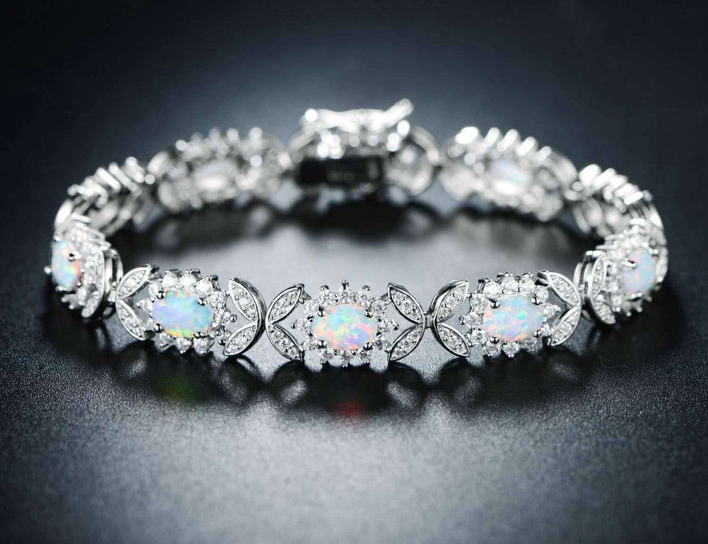 Sterling silver 925 bracelet with opal, floral link bracelet with cubic zirconia