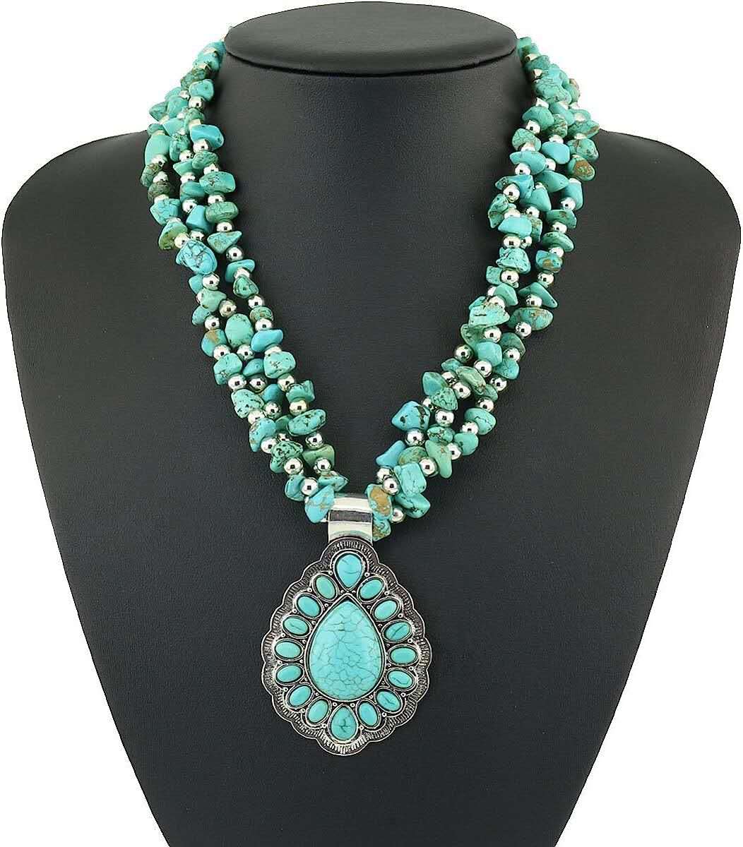 Halskette mit mehreren Strängen aus natürlichem Türkis, tropfenförmiger Türkis-Anhänger, Boho-Schmuck im Western-Stil