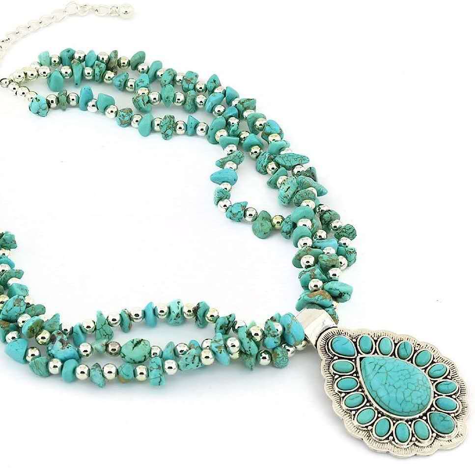 Collana multi filo turchese naturale, ciondolo goccia turchese, gioiello stile western boho