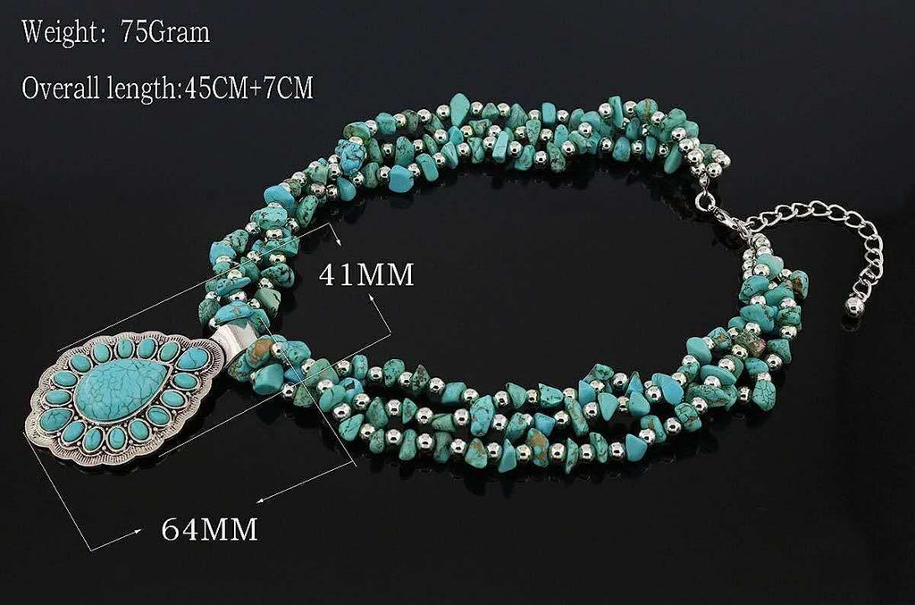 Collana multi filo turchese naturale, ciondolo goccia turchese, gioiello stile western boho