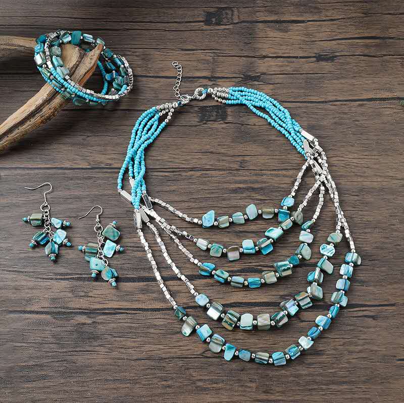 Handgefertigtes Boho-Schmuckset mit Perlen, mehrreihige Halskette, Armband und Ohrhänger, 3-teiliges Set