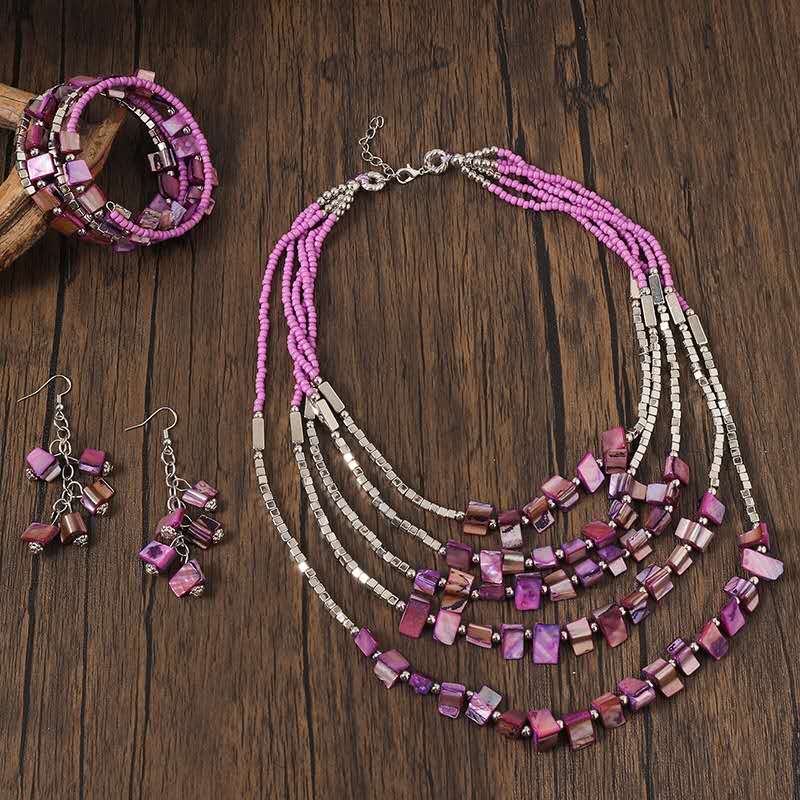 Handgefertigtes Boho-Schmuckset mit Perlen, mehrreihige Halskette, Armband und Ohrhänger, 3-teiliges Set