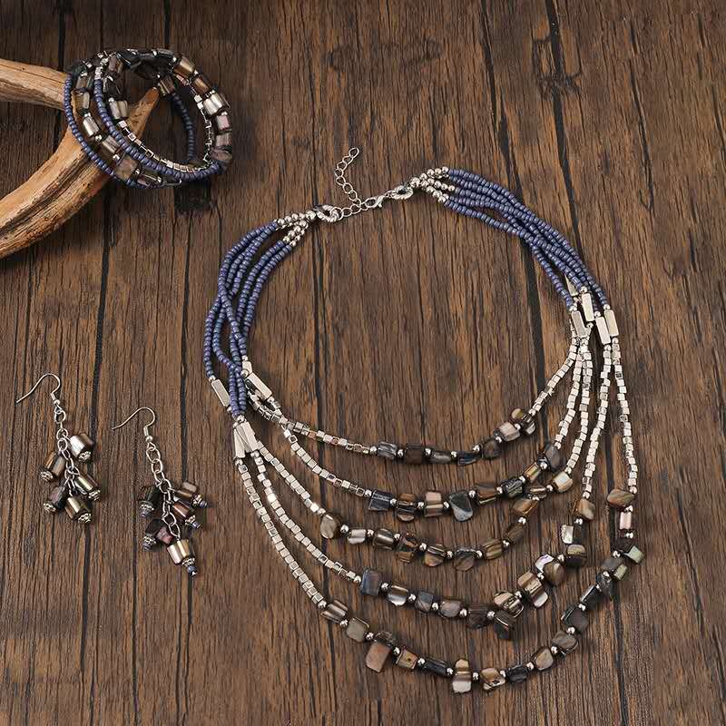 Handgefertigtes Boho-Schmuckset mit Perlen, mehrreihige Halskette, Armband und Ohrhänger, 3-teiliges Set