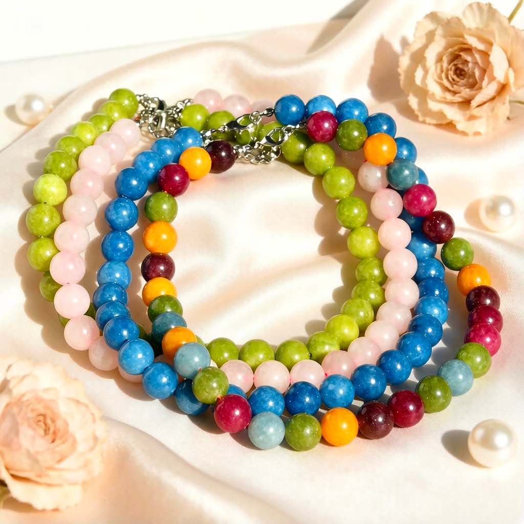 Halskette mit runden Natursteinperlen 12 mm, verstellbare Choker-Halskette mit Verlängerungskette
