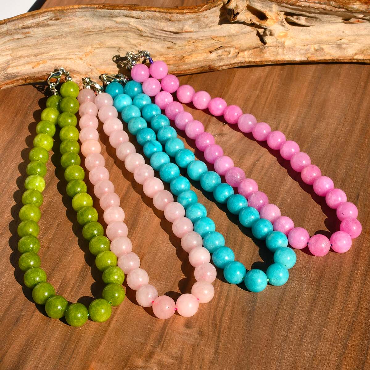 Halskette mit runden Natursteinperlen 12 mm, verstellbare Choker-Halskette mit Verlängerungskette