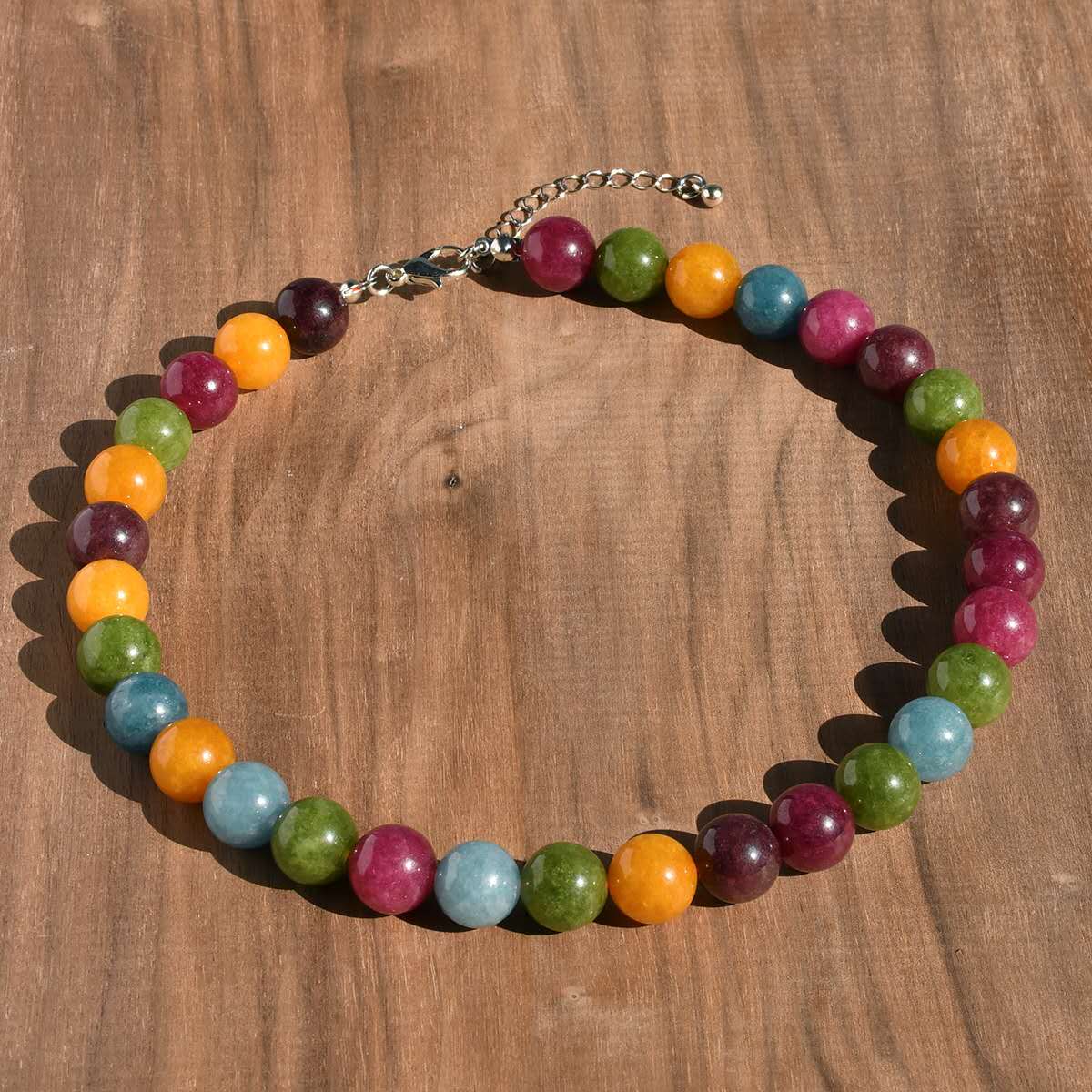 Halskette mit runden Natursteinperlen 12 mm, verstellbare Choker-Halskette mit Verlängerungskette