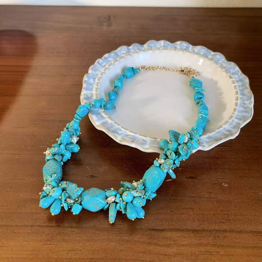 Set boho collana e orecchini artigianale turchese naturale e perle, collana 45cm
