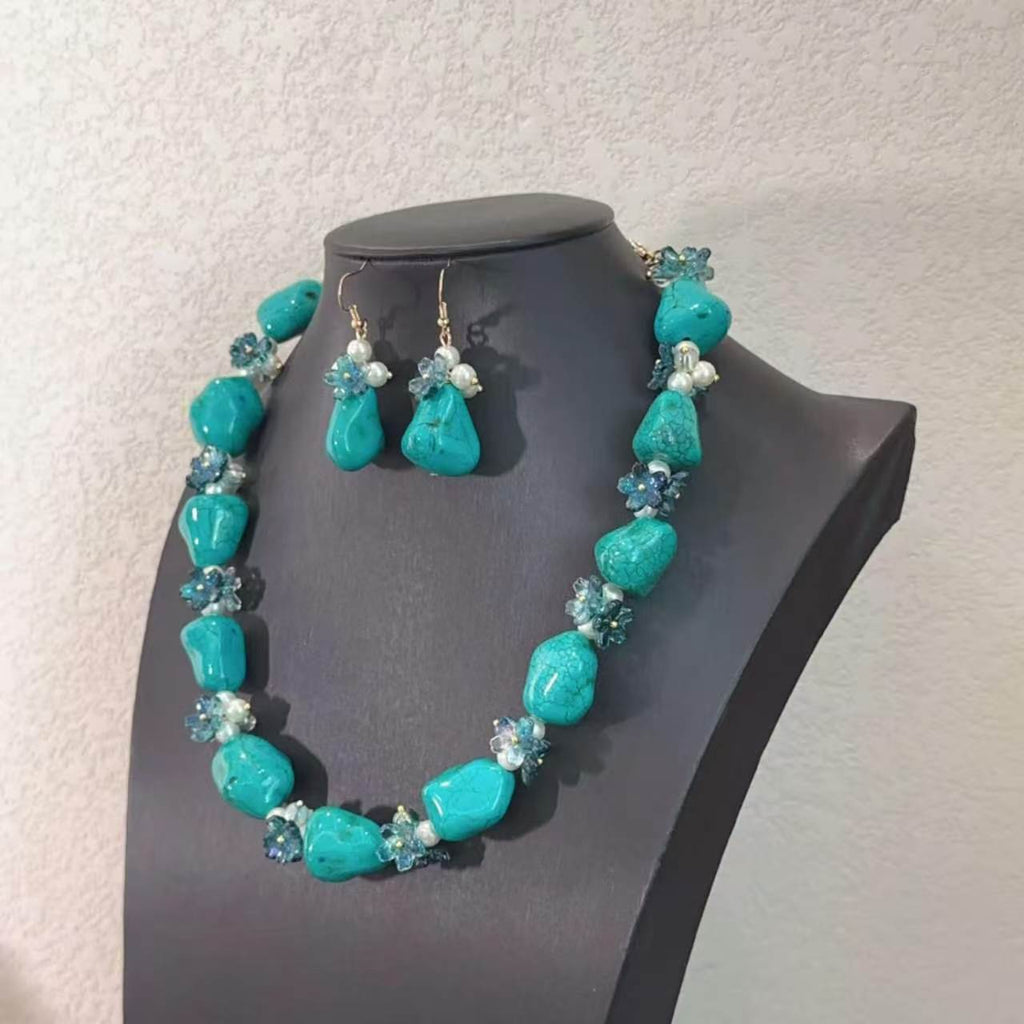 Set collana e orecchini artigianale turchese naturale, perle e cristalli
