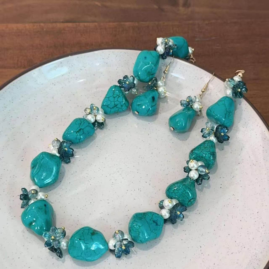 Set collana e orecchini artigianale turchese naturale, perle e cristalli