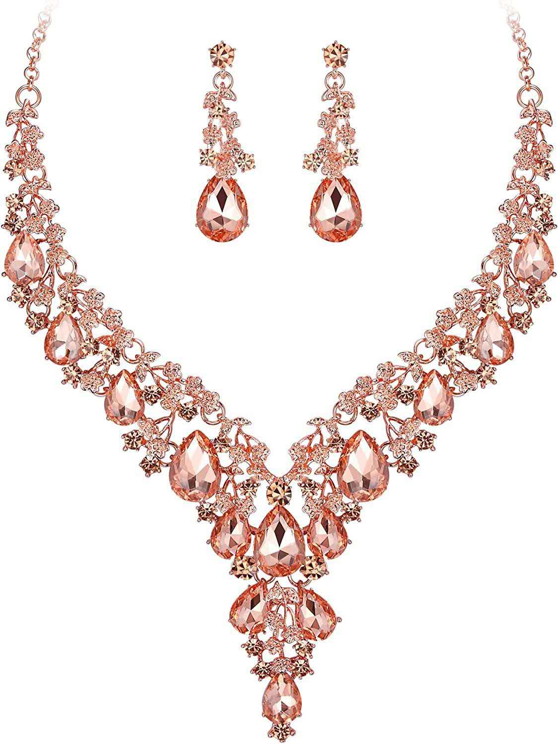 Schmuckset 2-teilig mit AAA Zirkonia und Kristallen, auffällige Halskette und Hängeohrringe für Hochzeiten und formelle Abende, 6 Farbvarianten für Damen