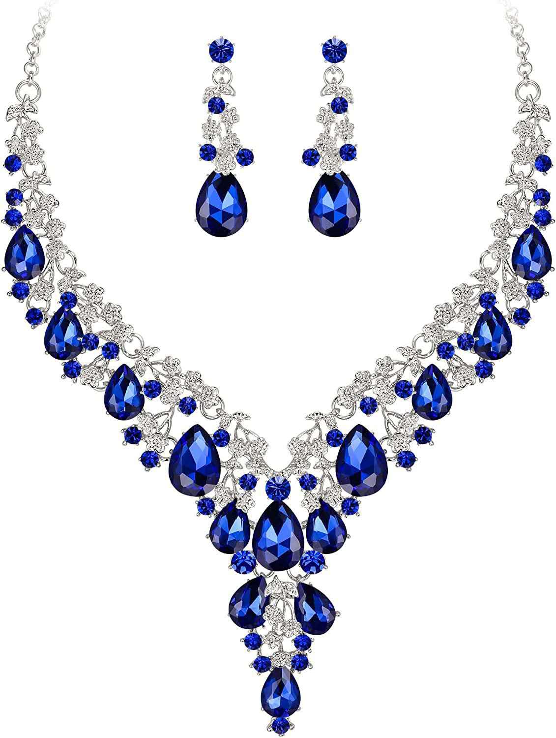 Schmuckset 2-teilig mit AAA Zirkonia und Kristallen, auffällige Halskette und Hängeohrringe für Hochzeiten und formelle Abende, 6 Farbvarianten für Damen
