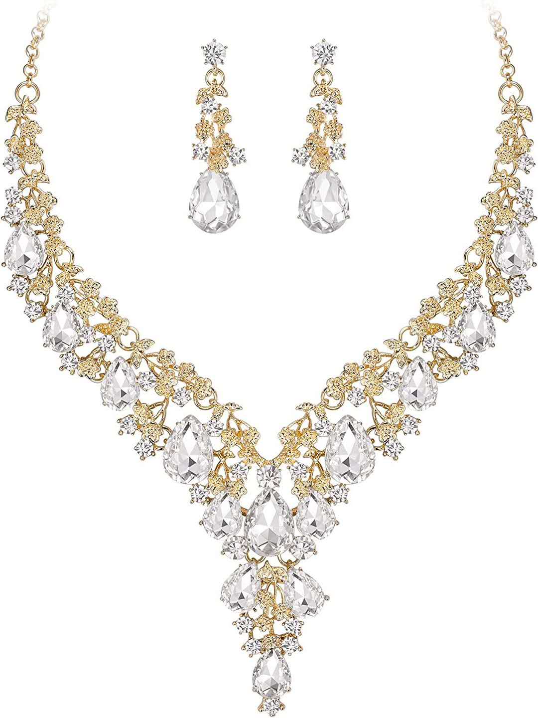Schmuckset 2-teilig mit AAA Zirkonia und Kristallen, auffällige Halskette und Hängeohrringe für Hochzeiten und formelle Abende, 6 Farbvarianten für Damen