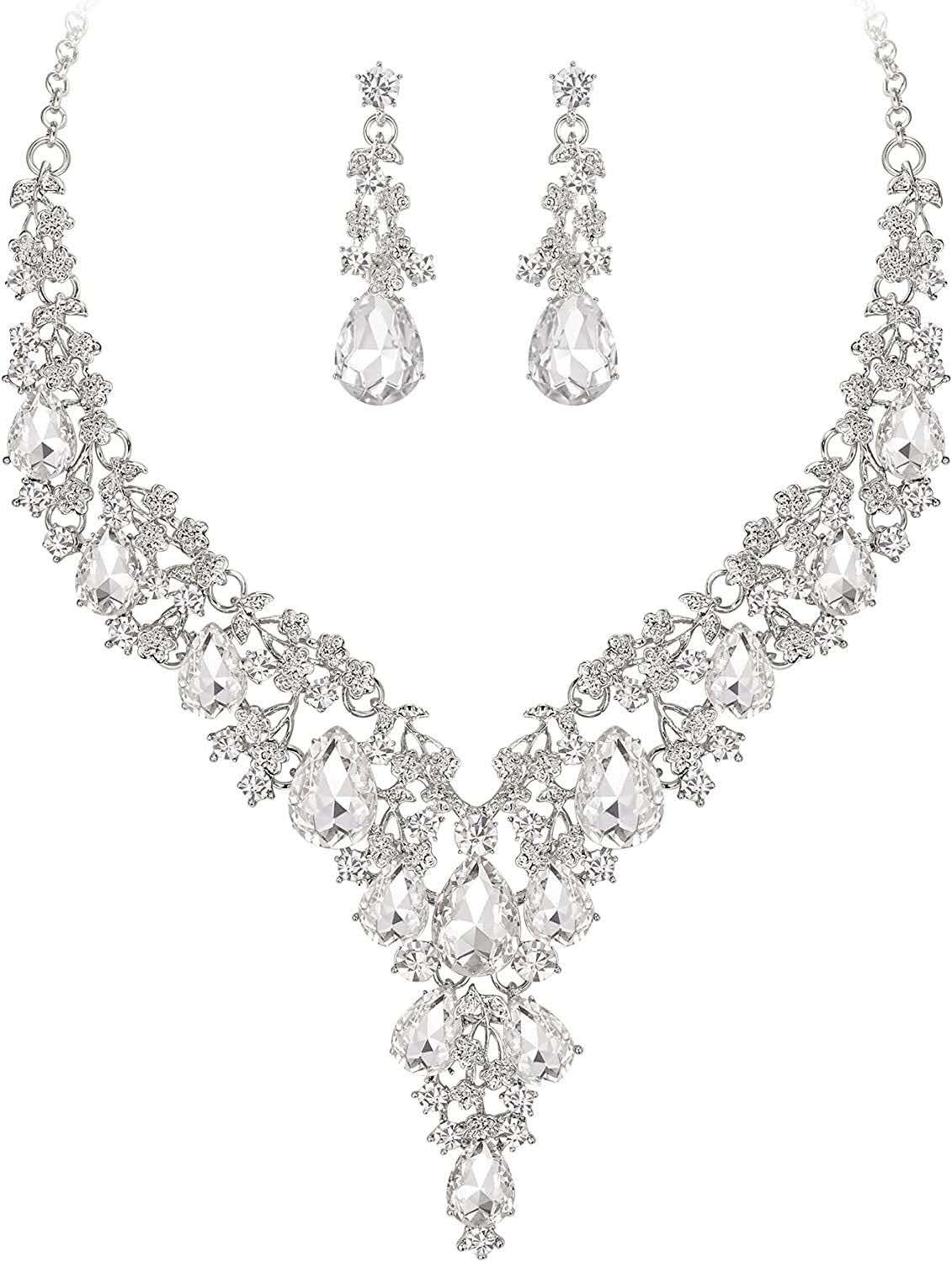 Schmuckset 2-teilig mit AAA Zirkonia und Kristallen, auffällige Halskette und Hängeohrringe für Hochzeiten und formelle Abende, 6 Farbvarianten für Damen