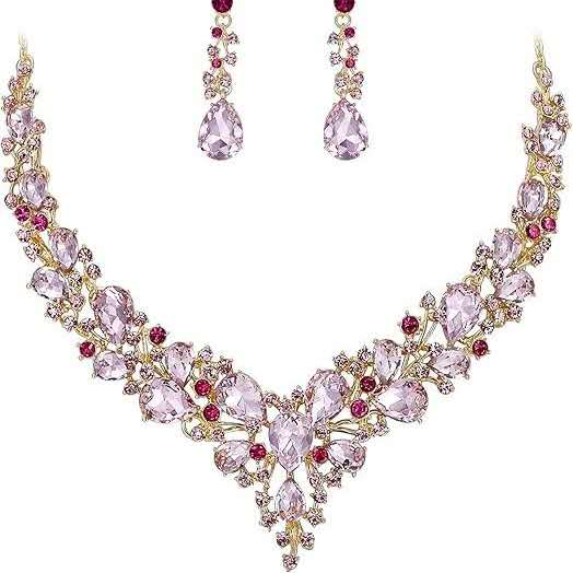 2-teiliges Schmuckset mit AAA-Zirkonia und Kristallen, auffällige Halskette und Ohrhänger für Hochzeiten, Zeremonien und formelle Abende, 8 Farbvarianten für Damen