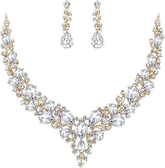 2-teiliges Schmuckset mit AAA-Zirkonia und Kristallen, auffällige Halskette und Ohrhänger für Hochzeiten, Zeremonien und formelle Abende, 8 Farbvarianten für Damen