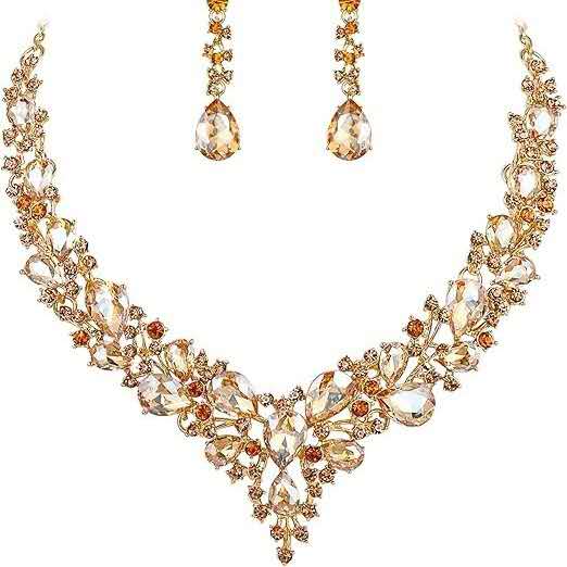 2-teiliges Schmuckset mit AAA-Zirkonia und Kristallen, auffällige Halskette und Ohrhänger für Hochzeiten, Zeremonien und formelle Abende, 8 Farbvarianten für Damen