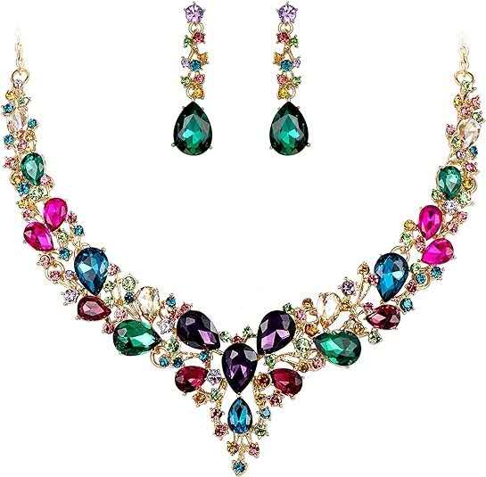 2-teiliges Schmuckset mit AAA-Zirkonia und Kristallen, auffällige Halskette und Ohrhänger für Hochzeiten, Zeremonien und formelle Abende, 8 Farbvarianten für Damen