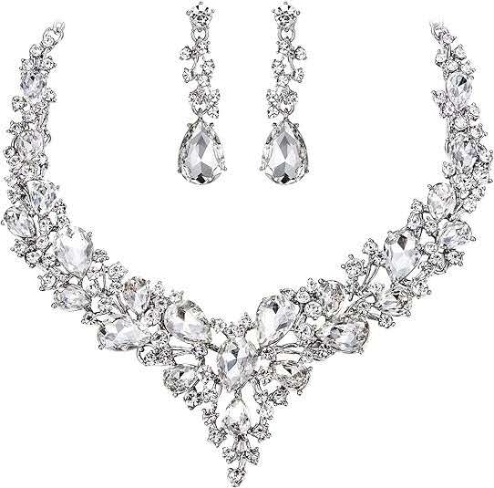 2-teiliges Schmuckset mit AAA-Zirkonia und Kristallen, auffällige Halskette und Ohrhänger für Hochzeiten, Zeremonien und formelle Abende, 8 Farbvarianten für Damen