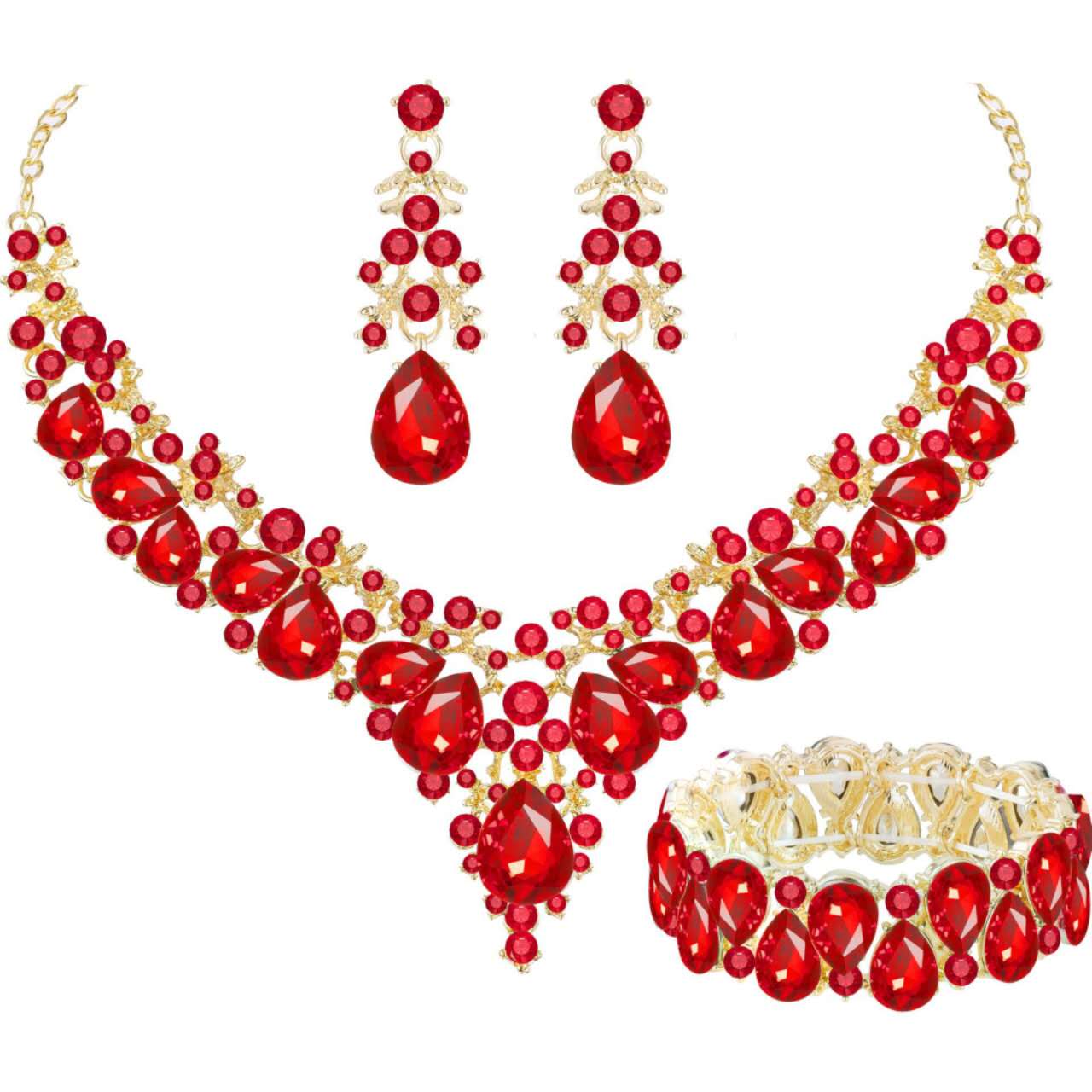 3-teiliges Schmuckset mit AAA-Zirkonia und glitzernden Kristallen, Statement-Halskette, Ohrhänger und Armband für Hochzeiten und formelle Abendveranstaltungen, 5 Farbvarianten für Damen
