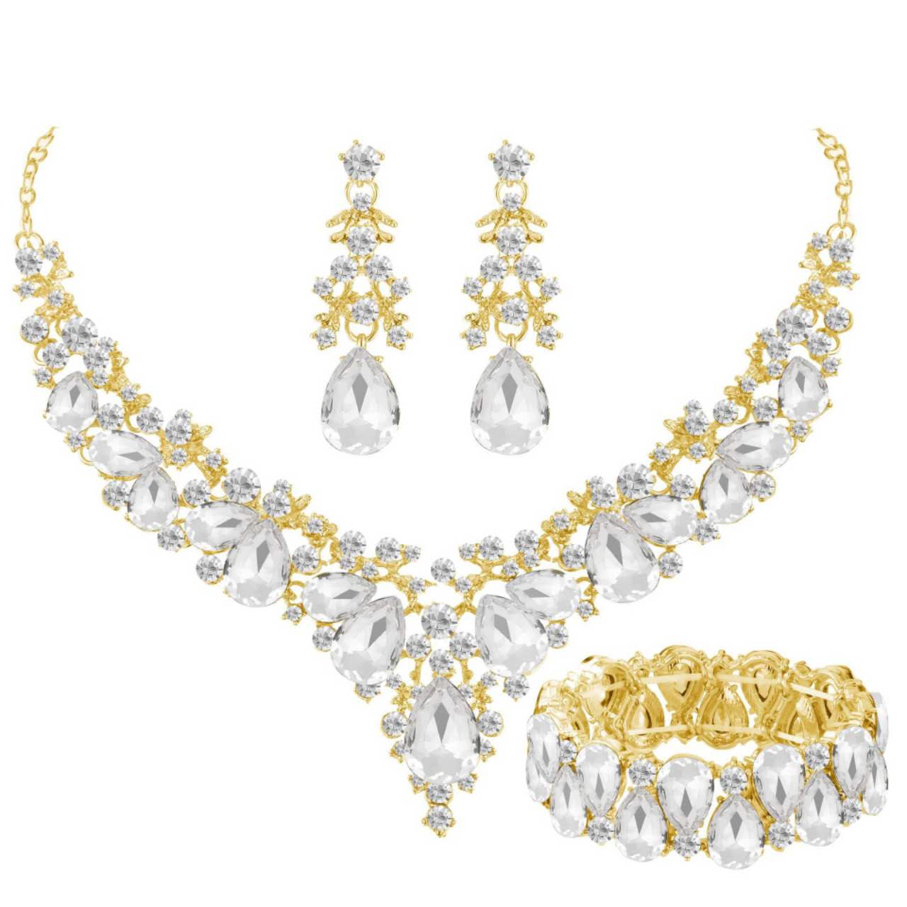 3-teiliges Schmuckset mit AAA-Zirkonia und glitzernden Kristallen, Statement-Halskette, Ohrhänger und Armband für Hochzeiten und formelle Abendveranstaltungen, 5 Farbvarianten für Damen