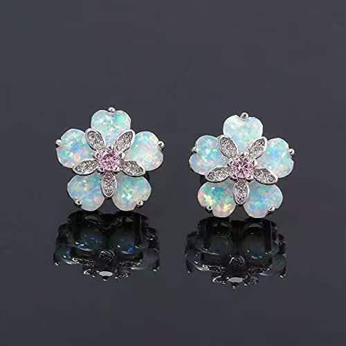 Blumenohrringe mit Opal, weiße Opal-Blumenohrringe mit Zirkonia, Silberohrringe für Frauen