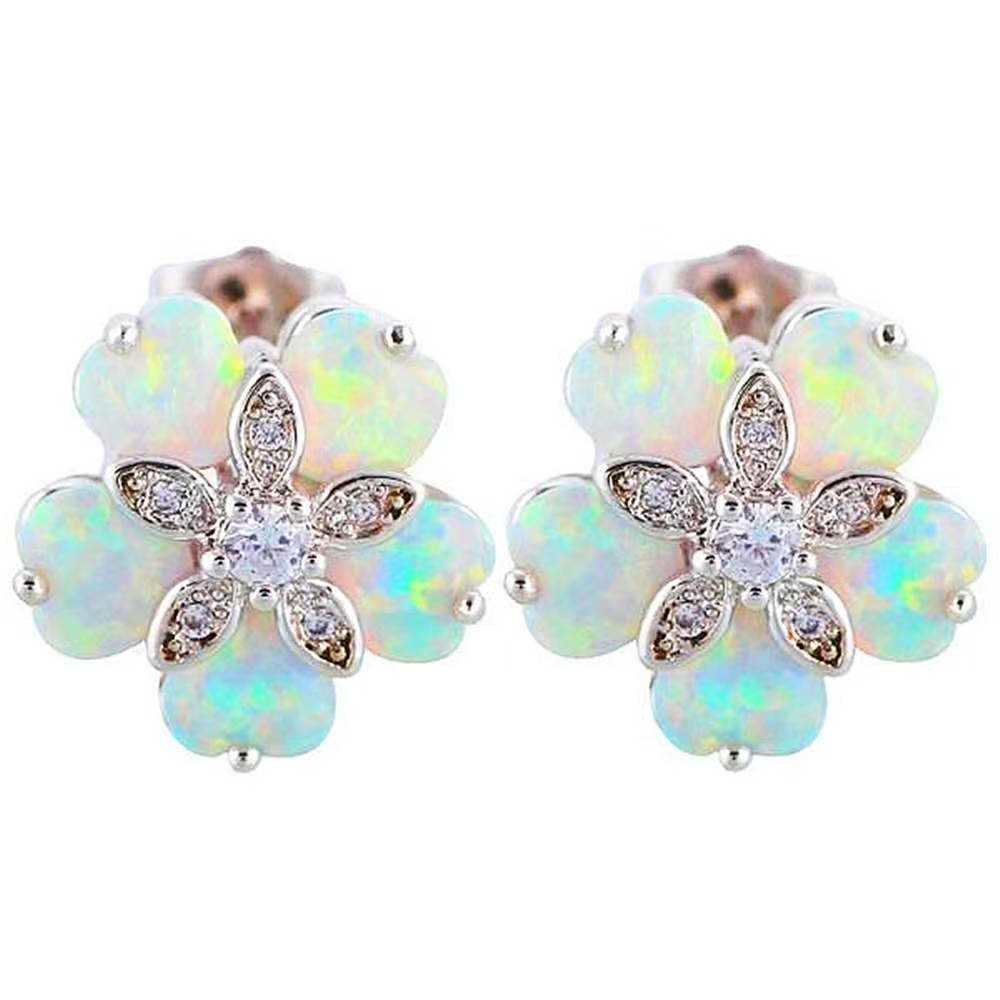 Blumenohrringe mit Opal, weiße Opal-Blumenohrringe mit Zirkonia, Silberohrringe für Frauen
