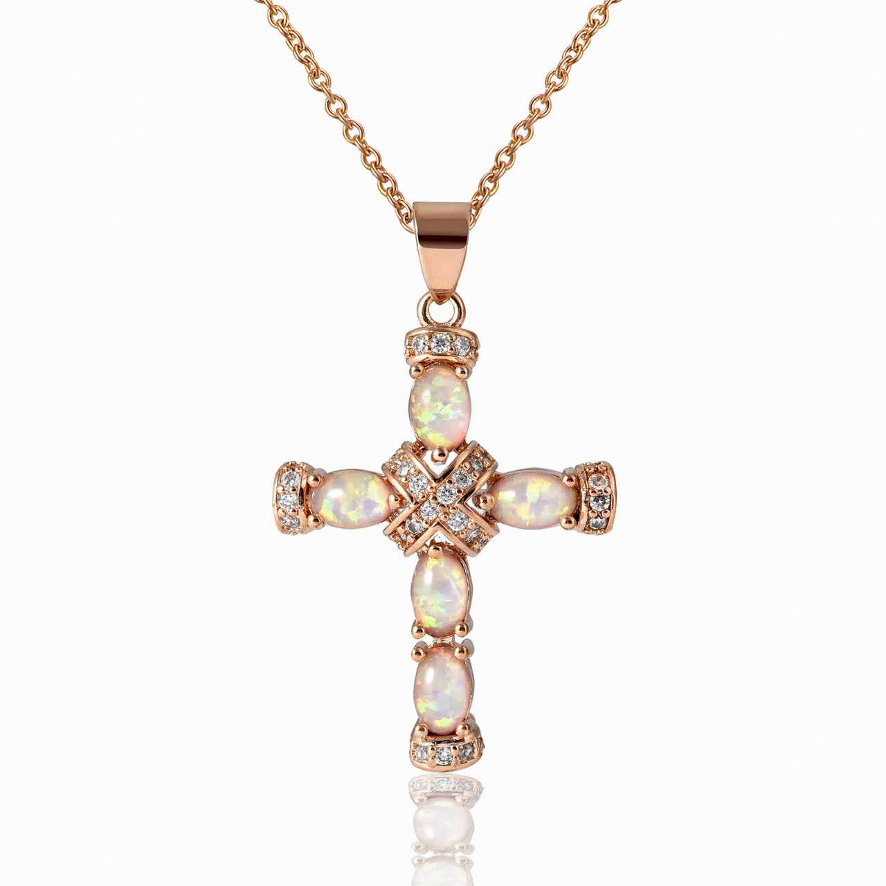 Vintage Kreuzkette mit Opal, schillernder Opal-Kreuzanhänger und Zirkonia, Halskette Schutzglaube in Roségold/Weißgold plattiert, luxuriöser religiöser Schmuck als Geschenk für Frauen