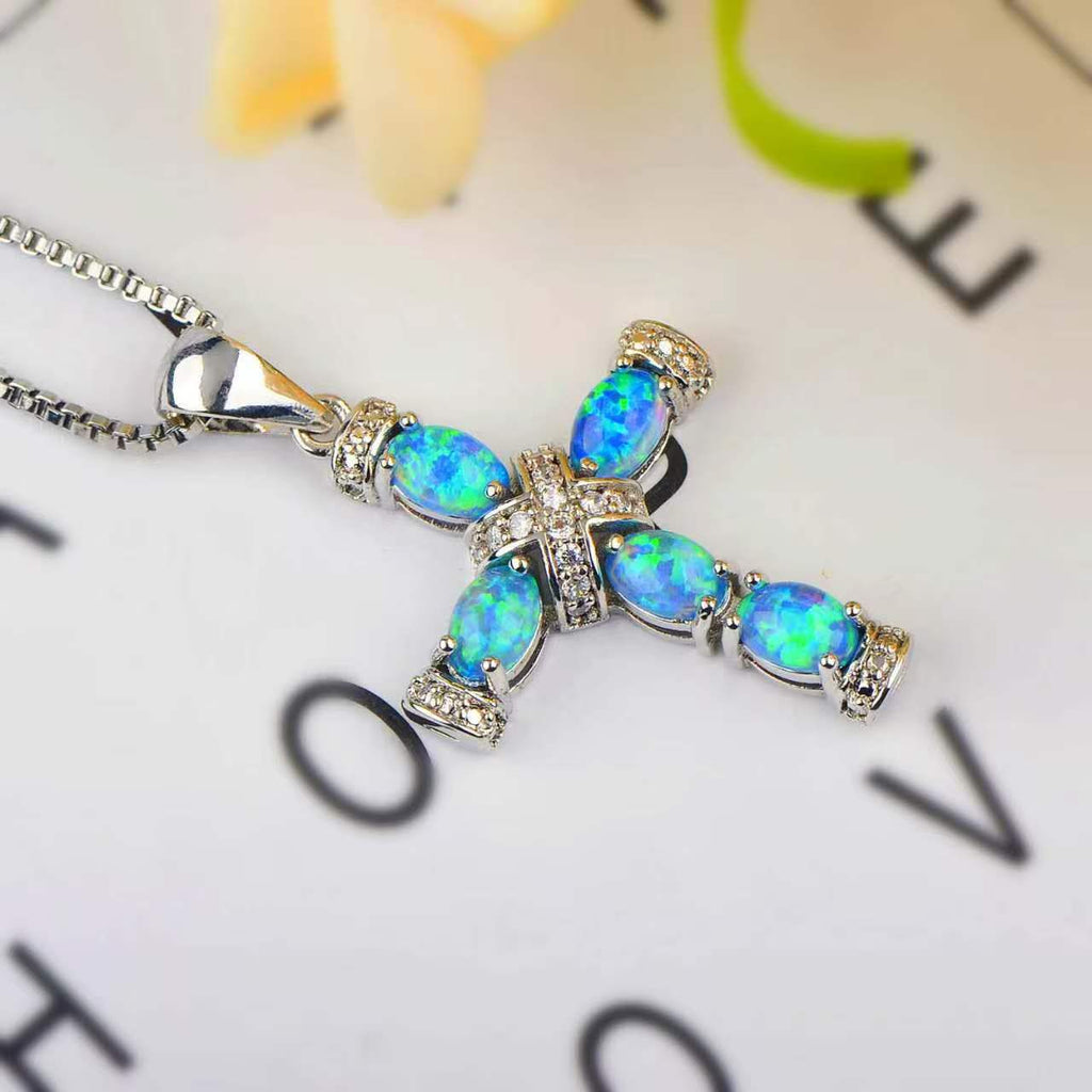 Collana croce vintage con opale, ciondolo croce opale cangiante e zirconi, collana protezione fede placcata oro rosa/oro bianco, gioiello religioso di lusso regalo per donna