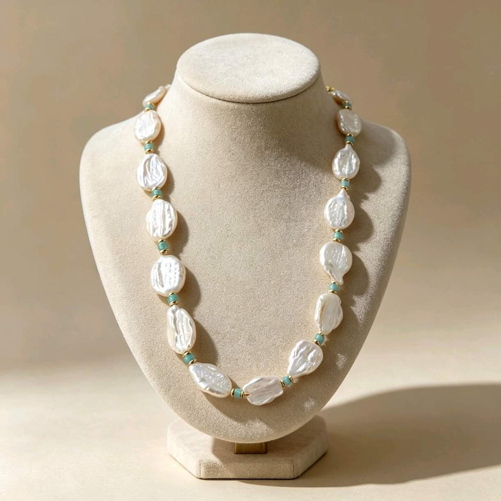 Collana Perle Barocche Naturali d’Acqua Dolce, Perle Keshi Irregolari con Perline di Amazonite, Choker Ripieno Oro 14K, Gioiello Artigianato Elegante per Donna