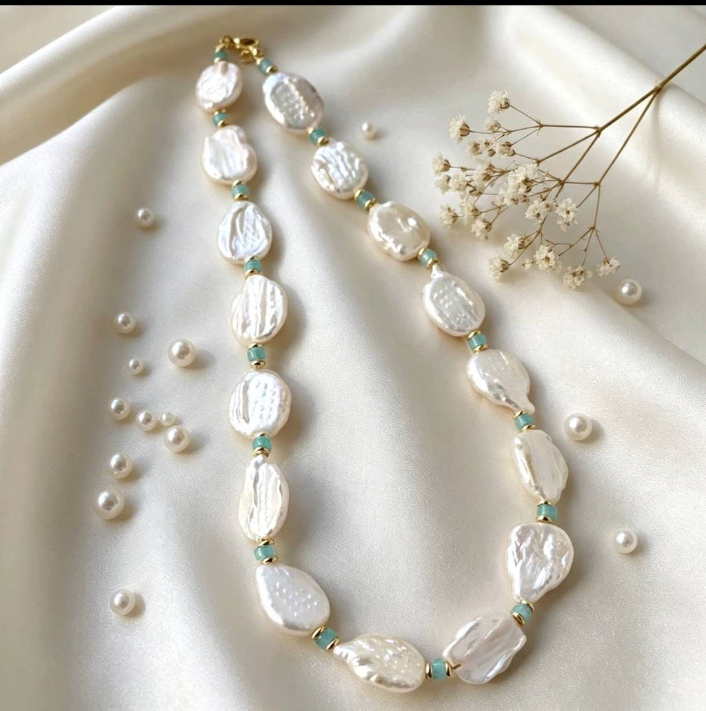 Collana Perle Barocche Naturali d’Acqua Dolce, Perle Keshi Irregolari con Perline di Amazonite, Choker Ripieno Oro 14K, Gioiello Artigianato Elegante per Donna