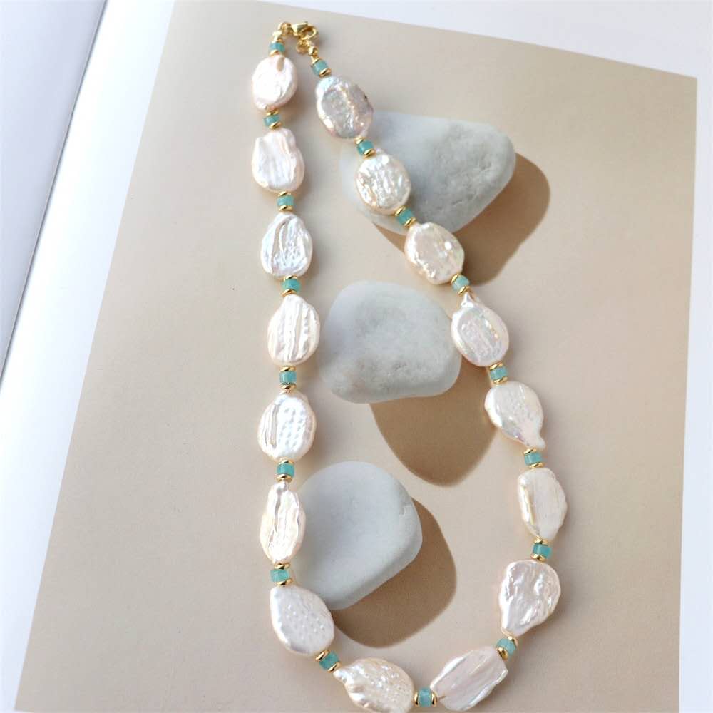 Collana Perle Barocche Naturali d’Acqua Dolce, Perle Keshi Irregolari con Perline di Amazonite, Choker Ripieno Oro 14K, Gioiello Artigianato Elegante per Donna