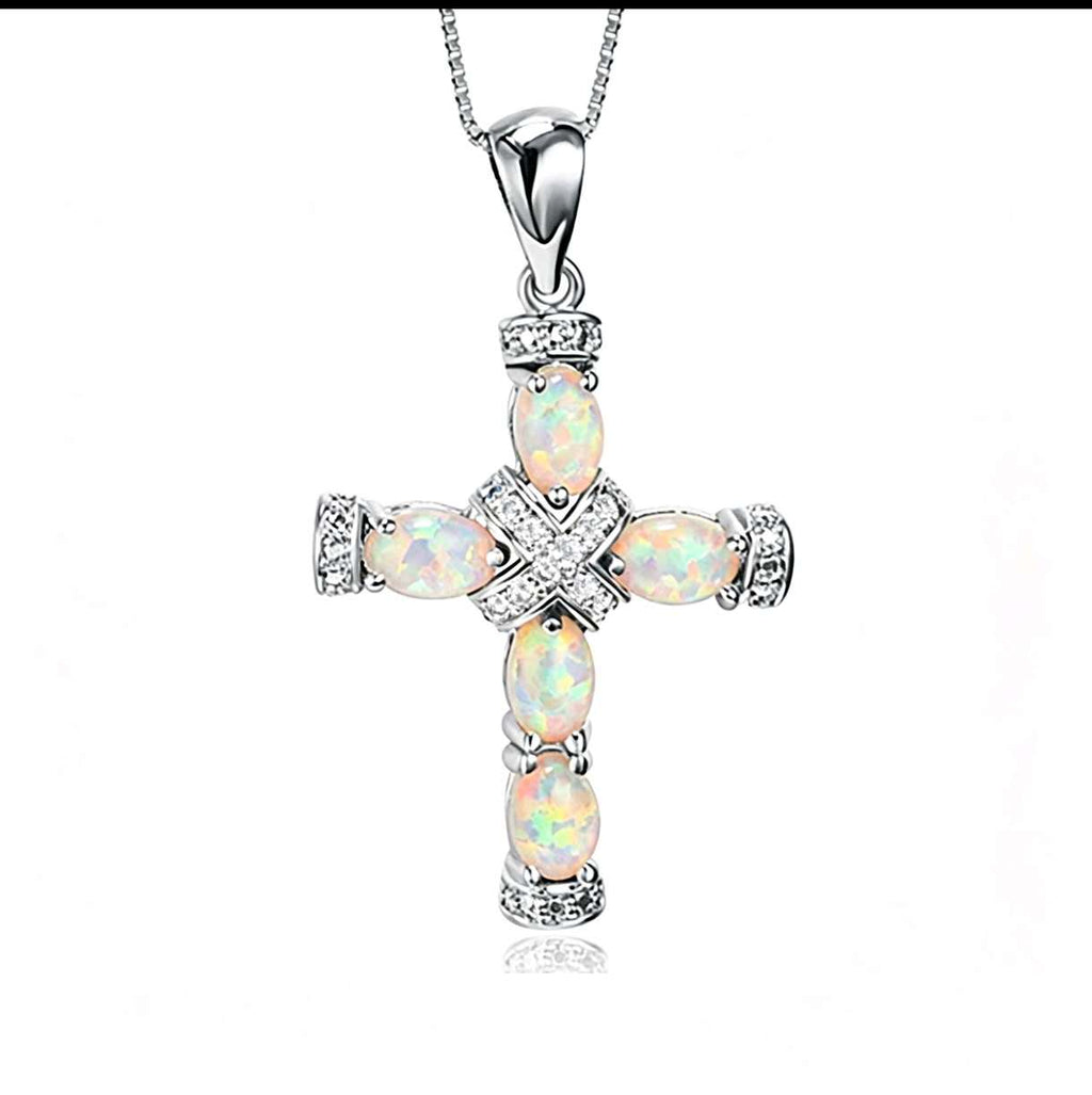 Collana croce vintage con opale, ciondolo croce opale cangiante e zirconi, collana protezione fede placcata oro rosa/oro bianco, gioiello religioso di lusso regalo per donna