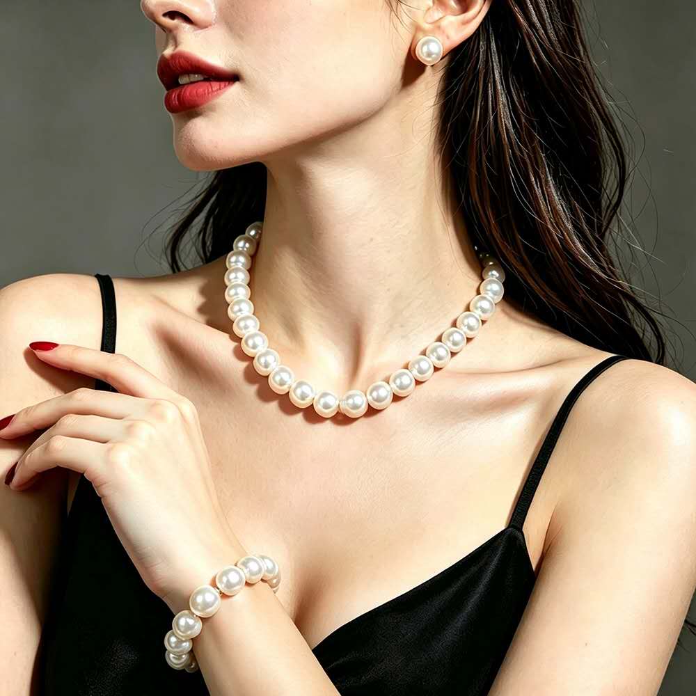 set gioielli in Perla Sfumata 5 Pz, 2 Collane , Orecchini,Bracciale e Anello