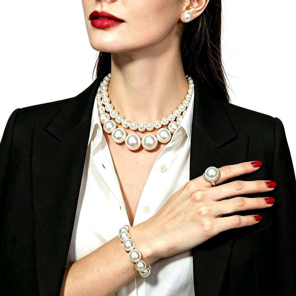 set gioielli in Perla Sfumata 5 Pz, 2 Collane , Orecchini,Bracciale e Anello