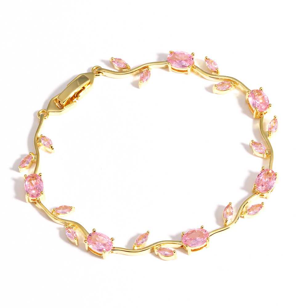 Bracciale placcato oro con foglie e zirconi, cristalli ovali multicolor