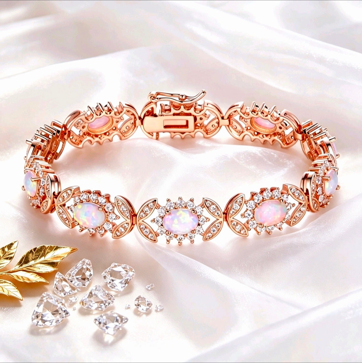Bracciale in argento 925 con opale, bracciale a maglie floreali con zirconi