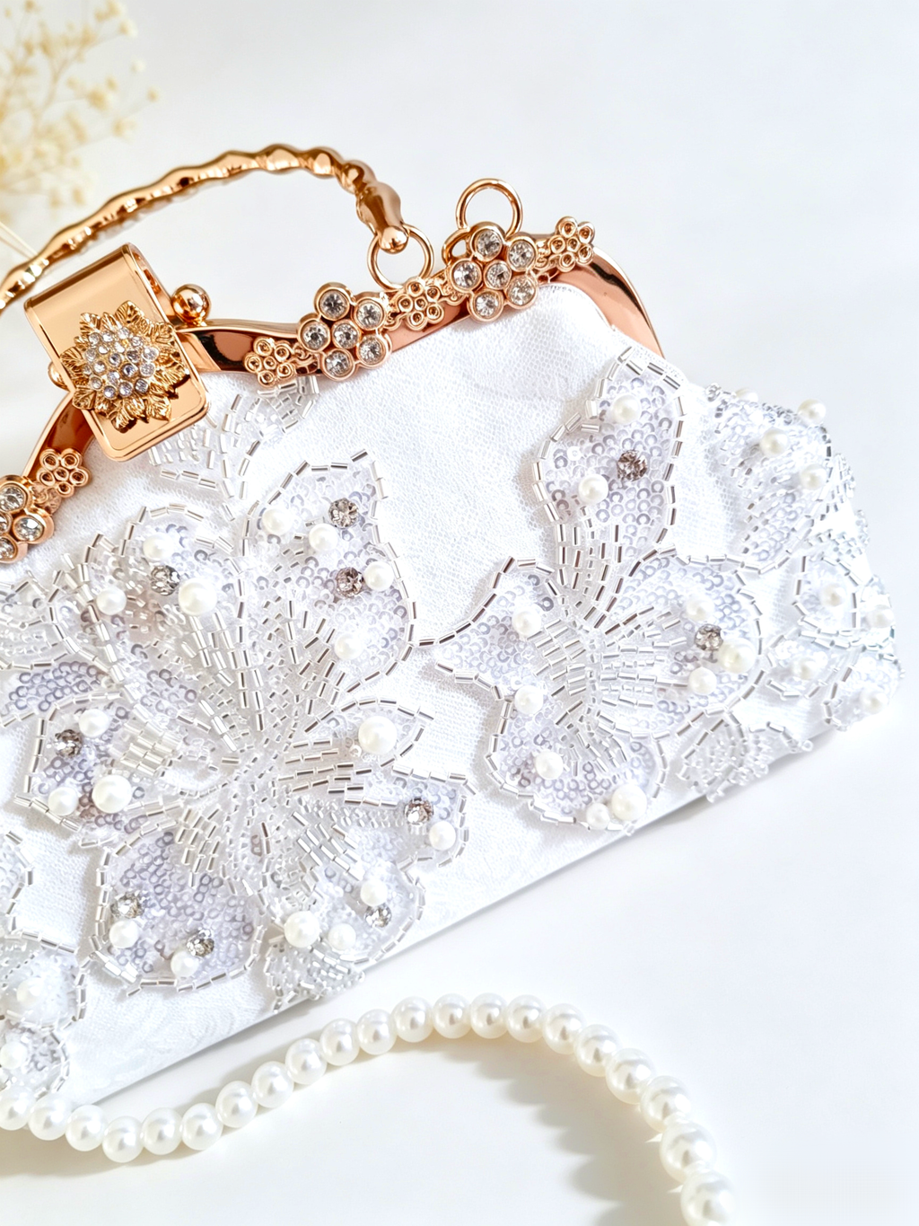Pochette da Sera Ricamata a Mano Perla Strass Pizzo Bianco Tracolla Oro