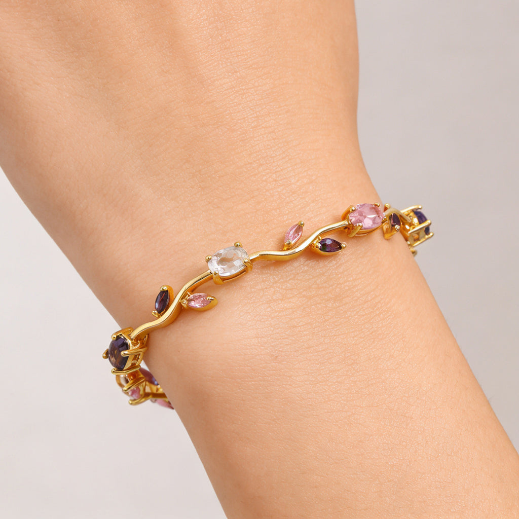 Bracciale placcato oro con foglie e zirconi, cristalli ovali multicolor